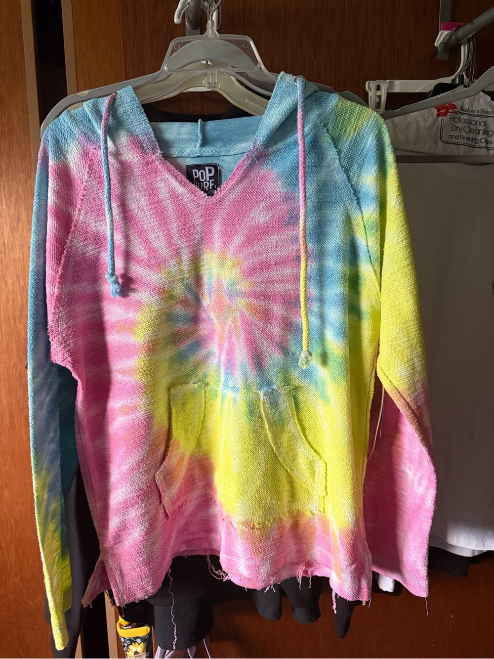 BAJA Tie-Dye V-Neck Hoodie Sweater in Pink, Blue & Yellow